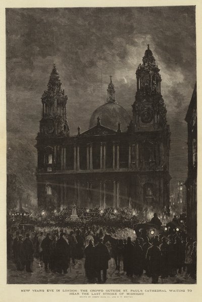 Nochevieja en Londres, la multitud fuera de la Catedral de San Pablo esperando escuchar el último golpe de la medianoche de Joseph Nash